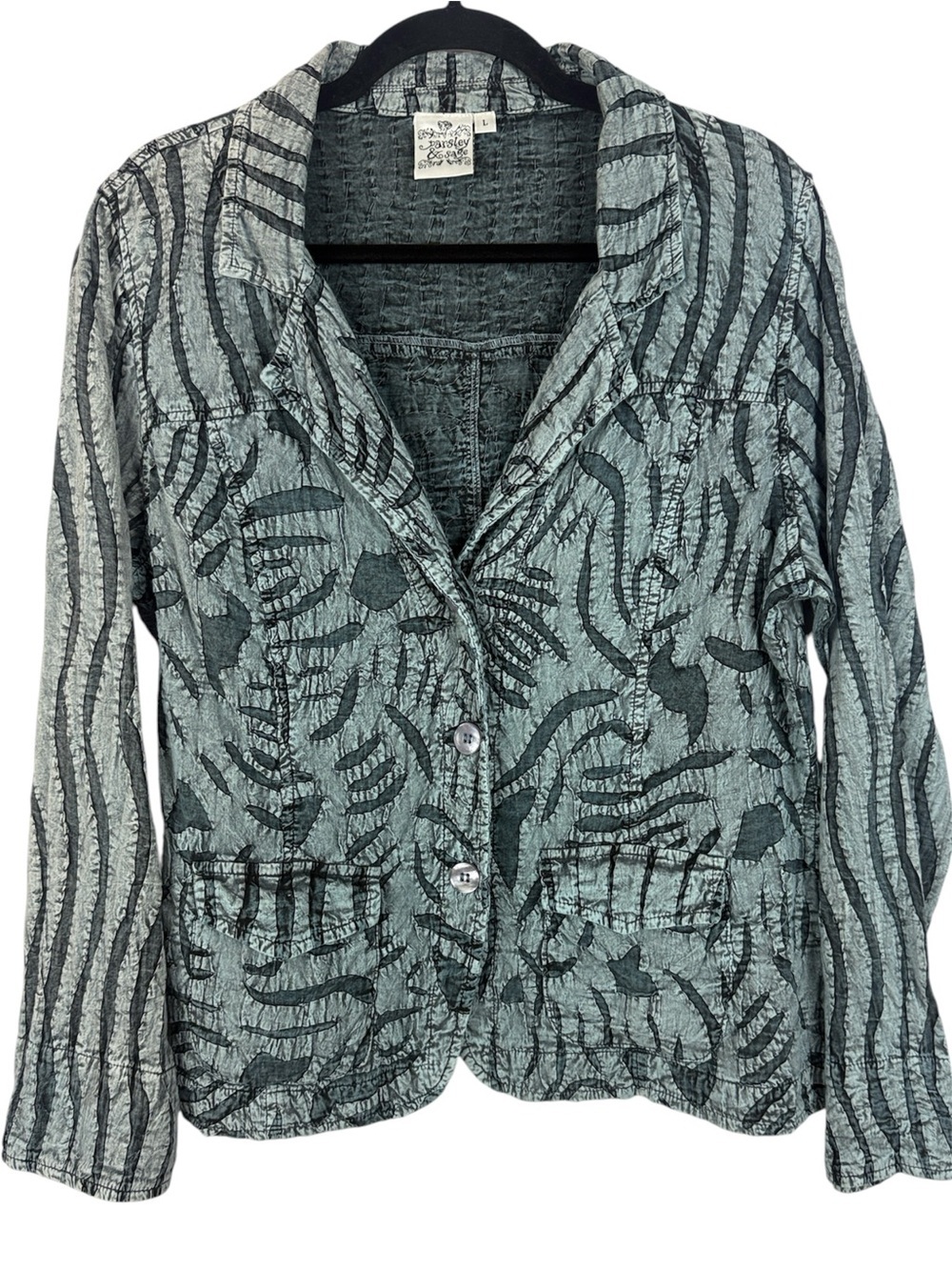 Parsley & Sage Cotton Gray Crinkled Kantha Stitch Cotton Jacket Blazer L